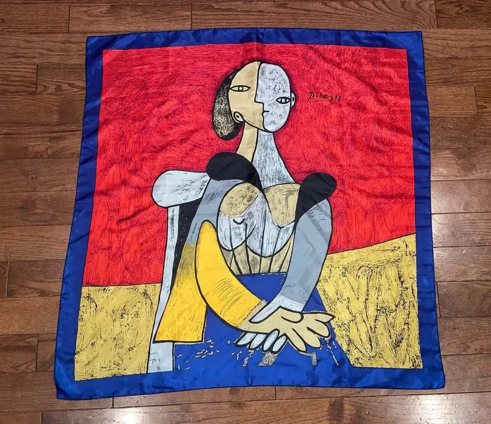 VTG Picasso Inspired Art Print Silk Scarf | Blue Red Square Scarf Wrap